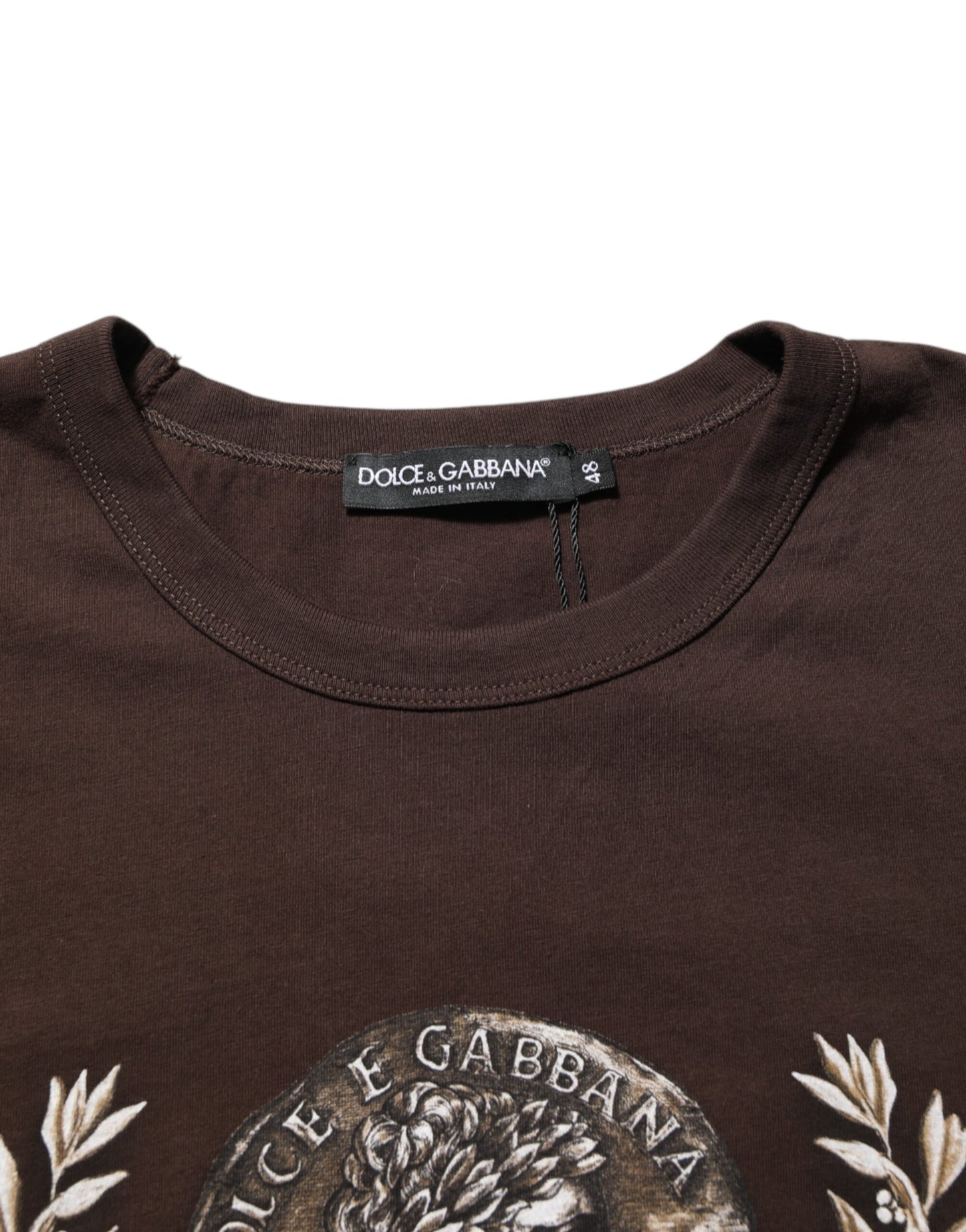 Dolce & Gabbana Camiseta de Hombre con Cuello Redondo y Estampado de Monedas Laurel Marrón
