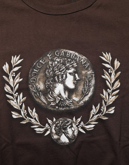 Dolce & Gabbana Camiseta de Hombre con Cuello Redondo y Estampado de Monedas Laurel Marrón