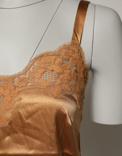 Dolce & Gabbana Lencería Ropa Interior de Seda Satén de Encaje Floral Marrón con Tirantes