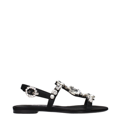 Dolce & Gabbana Sandalias Planas De Satín Negro Con Strass