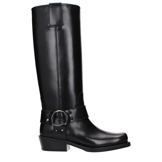 Botas Valentino Garavani De Cuero Negro Con Tacón Bajo