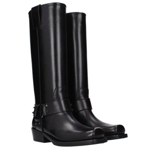 Botas Valentino Garavani De Cuero Negro Con Tacón Bajo